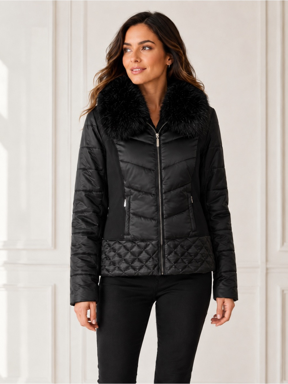 White House Black Market Mixed Media Puffer Jacket XL Black Faux Fur Collar